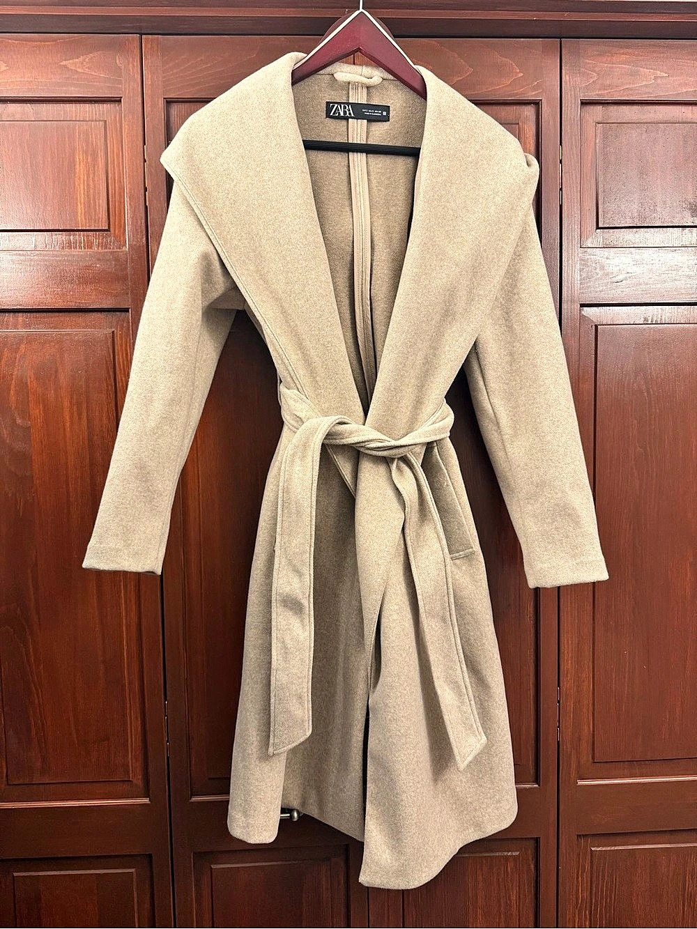 Zara Hooded Belted Wrap Coat in Beige Size Small